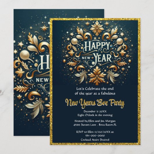 Elegant Gold Flourish New Years Eve Party Kaart (Voorkant / Achterkant)