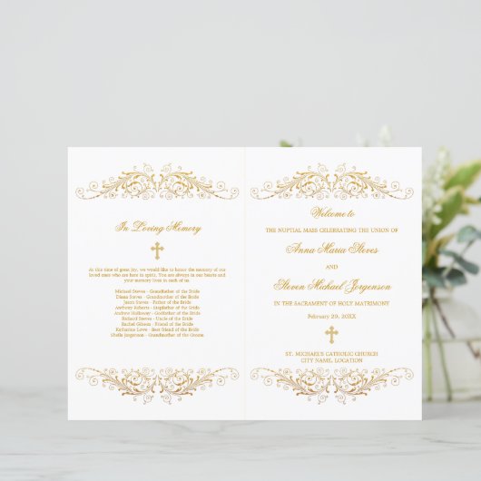 Elegant Gold Flourish Wedding Programme (Staand voorkant)
