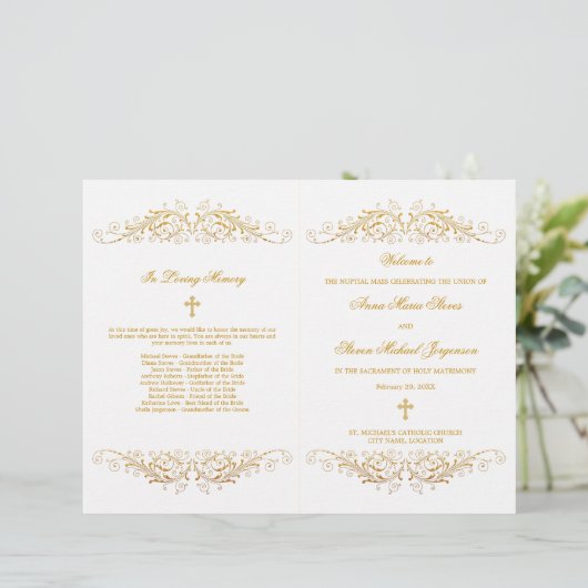 Elegant Gold Flourish Wedding Programme (Staand voorkant)