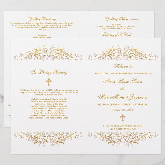 Elegant Gold Flourish Wedding Programme (Voorkant / Achterkant)