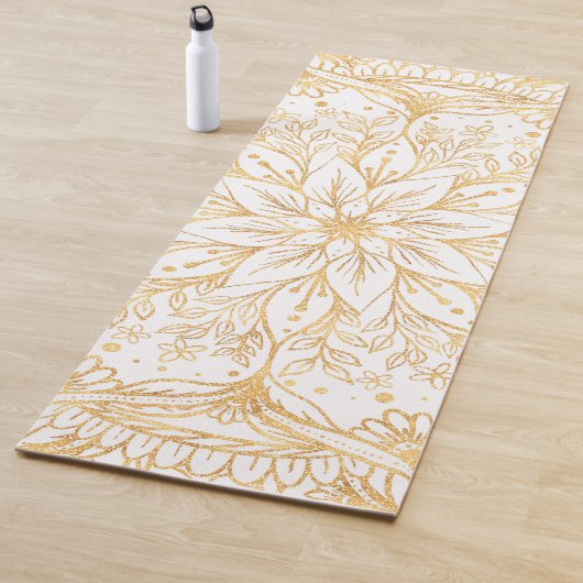 Elegant Gold Flower Mandala White Design Yogamat (In situ)