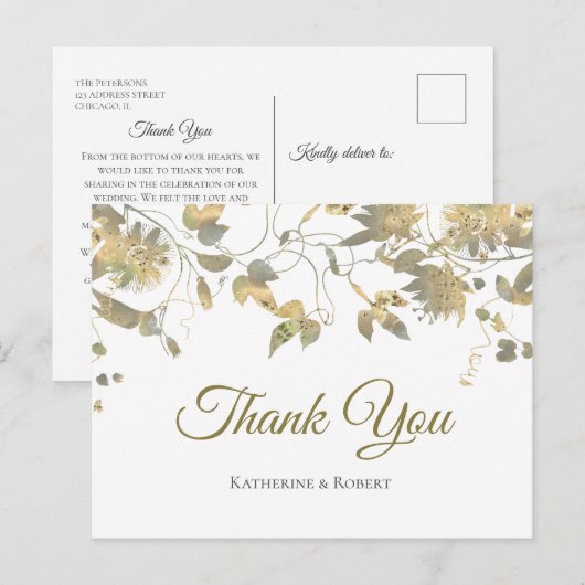 Elegant Gold Flower Vine Hartelijk dank Briefkaart (Voorkant / Achterkant)