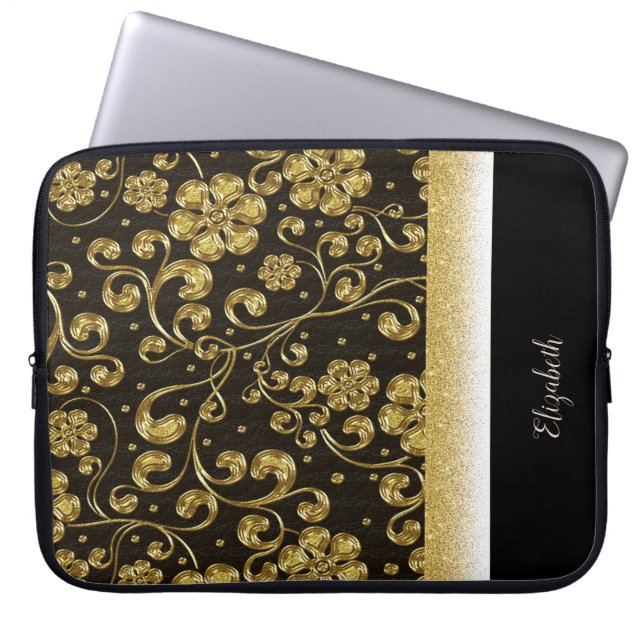 Elegant Gold Flowers, Glitter, zwart-gepersonalise Laptop Sleeve (Voorkant)