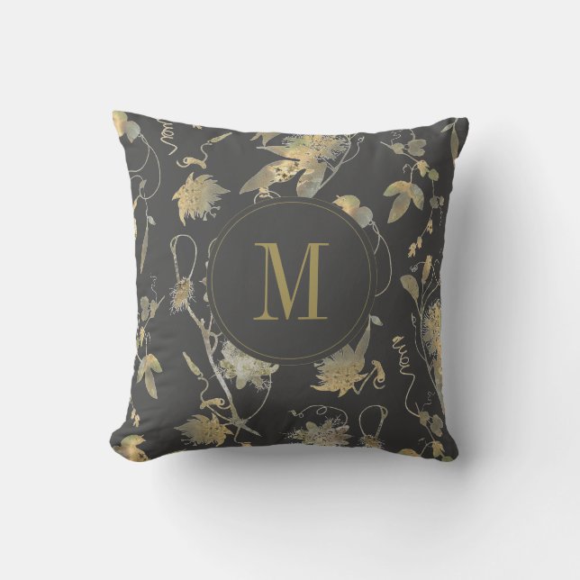 Elegant Gold Flowers Grey Floral Monogram Kussen (Voorkant)