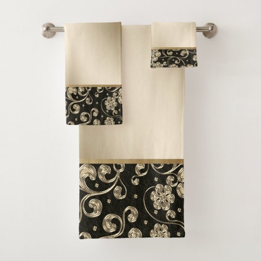 Elegant Gold Flowers, zwart Bad Handdoek (Insitu)