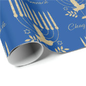 Elegant Gold Flying Dove Menorah Blue Hanukkah Cadeaupapier (Rol Hoek)