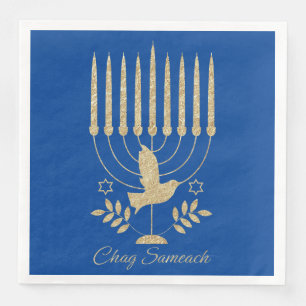 Elegant Gold Flying Dove Menorah Blue Hanukkah Servet