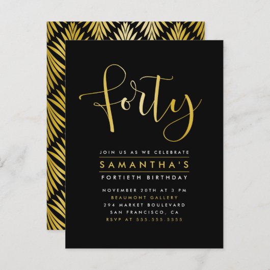 Elegant Gold Foil 40th Birthday Party Invitation Uitnodiging Briefkaart (Voorkant / Achterkant)
