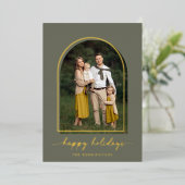 Elegant Gold Foil Arch Green Gold Holiday Foto Folie Feestdagenkaart (Staand Voorkant)