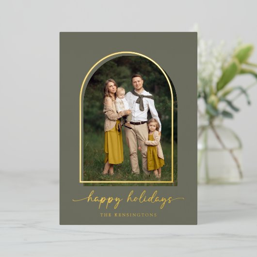 Elegant Gold Foil Arch Green Gold Holiday Foto Folie Feestdagenkaart (Staand Voorkant)