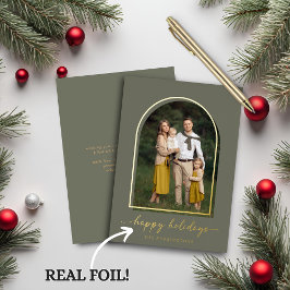 Elegant Gold Foil Arch Green Gold Holiday Foto Folie Feestdagenkaart