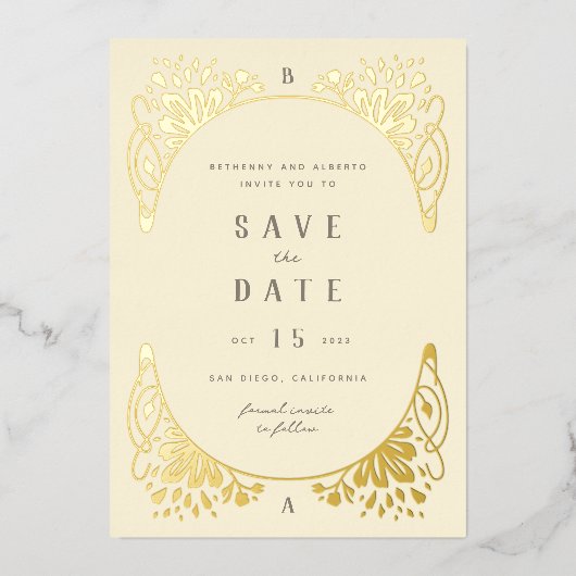 Elegant Gold Foil Art Nouveau Folie Opslaan Datum  Folie Uitnodiging (Voorkant)