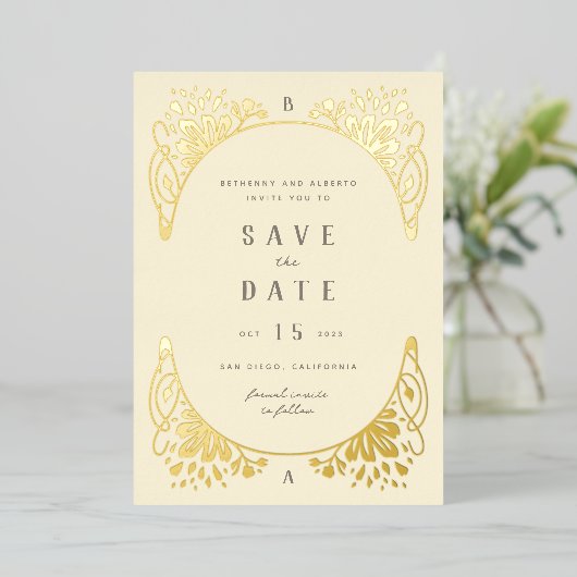 Elegant Gold Foil Art Nouveau Folie Opslaan Datum  Folie Uitnodiging (Staand Voorkant)