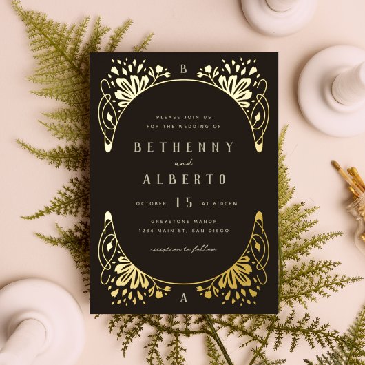 Elegant Gold Foil Art Nouveau Folie Uitnodiging
