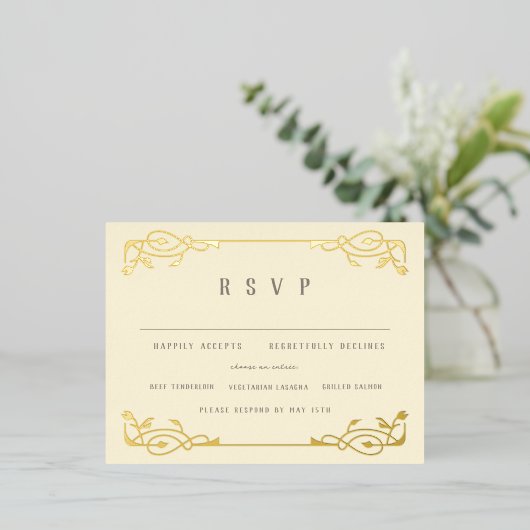 Elegant Gold Foil Art Nouveau RSVP Folie Uitnodiging Briefkaart (Staand Voorkant)