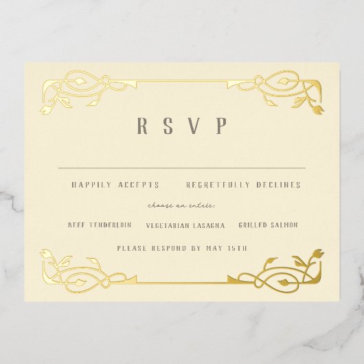Elegant Gold Foil Art Nouveau RSVP Folie Uitnodiging Briefkaart (Voorkant)