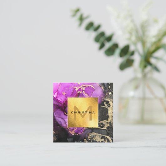 Elegant Gold Foil Black en Paarse Etheral DIY Vierkante Visitekaartje (Staand voorkant)