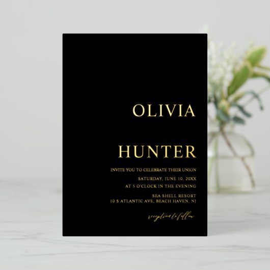 Elegant Gold Foil Black Wedding Folie Folie Uitnodiging (Staand Voorkant)