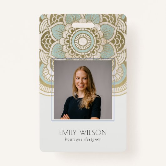 Elegant  Gold Foil Blauwgroen Mandala Foto Badge (Voorkant)