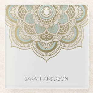 Elegant  Gold Foil Blauwgroen Turquoise Mandala Glazen Onderzetter