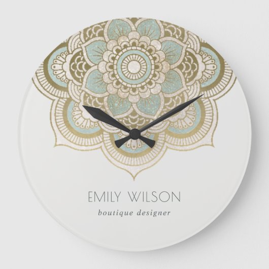 Elegant  Gold Foil Blauwgroen Turquoise Mandala Grote Klok (Voorkant)