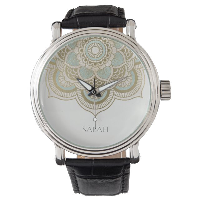Elegant  Gold Foil Blauwgroen Turquoise Mandala Horloge (Voorkant)