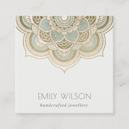 Elegant  Gold Foil Blauwgroen Turquoise Mandala Vierkante Visitekaartje (Voorkant)
