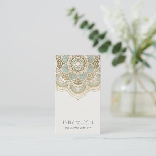 Elegant  Gold Foil Blauwgroen Turquoise Mandala Visitekaartje (Staand voorkant)