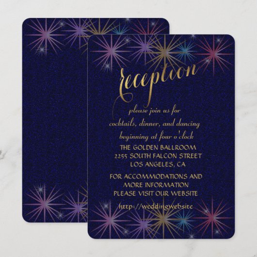 Elegant Gold Foil Blue Glitter Reception Enclosure Kaart (Voorkant / Achterkant)