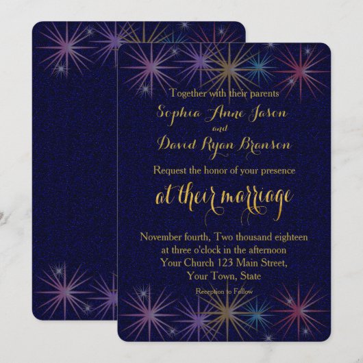 Elegant Gold Foil Blue Glitter Wedding Invitation Kaart (Voorkant / Achterkant)