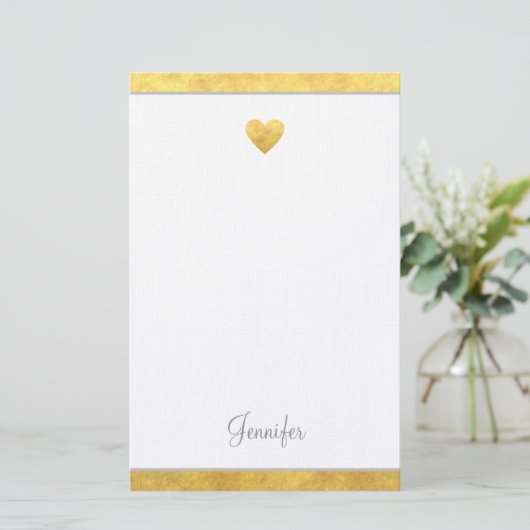 Elegant Gold Foil Border Heart Modern Script Briefpapier (Staand voorkant)