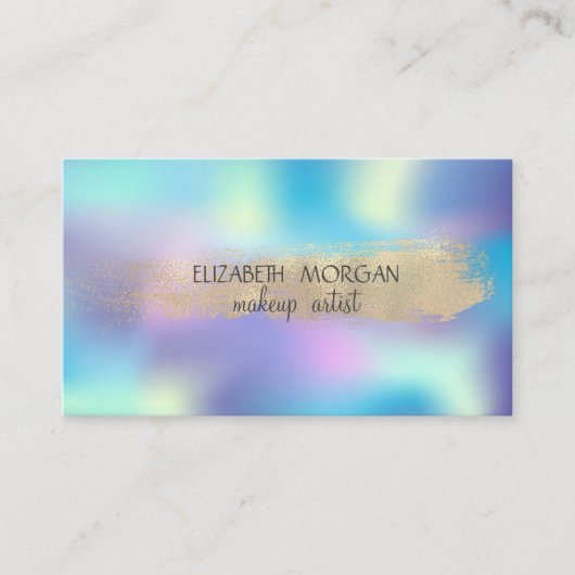Elegant Gold Foil Brush Stroke, Blue Holographic Visitekaartje (Voorkant)