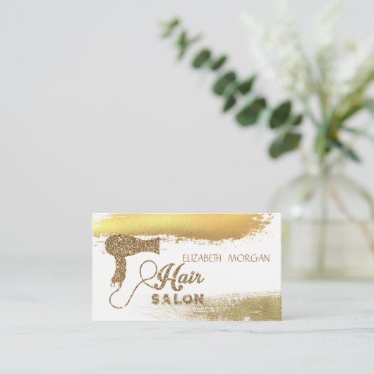 Elegant Gold Foil Brush Stroke, Glitter Hairdryer Visitekaartje (Staand voorkant)