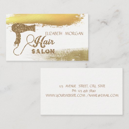 Elegant Gold Foil Brush Stroke, Glitter Hairdryer Visitekaartje (Voorkant / Achterkant)