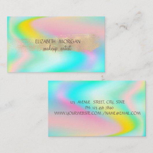 Elegant Gold Foil Brush Stroke, Holographic Ombre Visitekaartje (Voorkant / Achterkant)