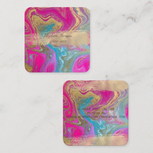 Elegant Gold Foil Brush Stroke, kleurrijke marmer Vierkante Visitekaartje (Voorkant / Achterkant)