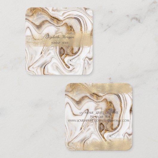 Elegant Gold Foil Brush Stroke, White Gold Marble Vierkante Visitekaartje (Voorkant / Achterkant)