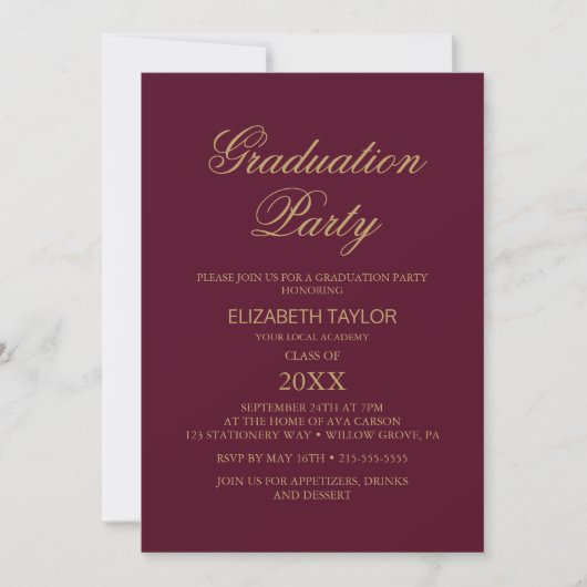 Elegant Gold Foil | Burgundy Graduation Party Kaart (Voorkant)