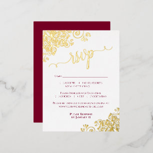 Elegant Gold Foil Burgundy Wedding RSVP Card Folie Uitnodiging Briefkaart