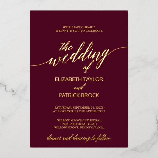 Elegant Gold Foil Calligrafie | Bourgogne bruiloft Folie Uitnodiging (Voorkant)