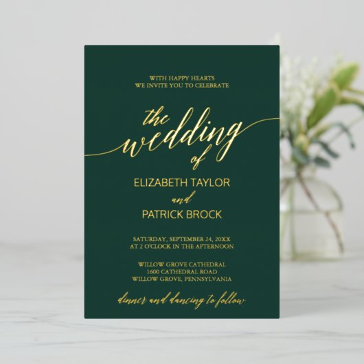 Elegant Gold Foil Calligrafie | Emerald Wedding Folie Uitnodiging (Staand Voorkant)