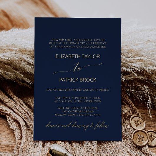 Elegant Gold Foil Calligraphy Navy Formal Wedding Folie Uitnodiging