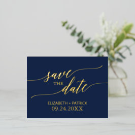 Elegant Gold Foil Calligraphy Navy Save the Date Folie Uitnodiging Briefkaart