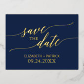 Elegant Gold Foil Calligraphy Navy Save the Date Folie Uitnodiging Briefkaart (Voorkant)