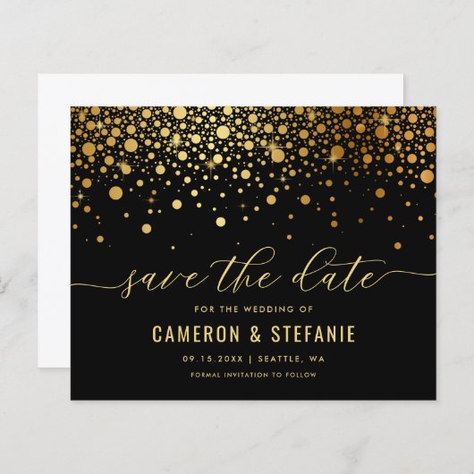 Elegant Gold Foil Confetti Black Save the Date (Voorkant / Achterkant)