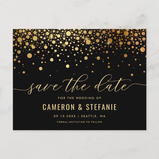 Elegant Gold Foil Confetti Black Save the Date Briefkaart (Voorkant)