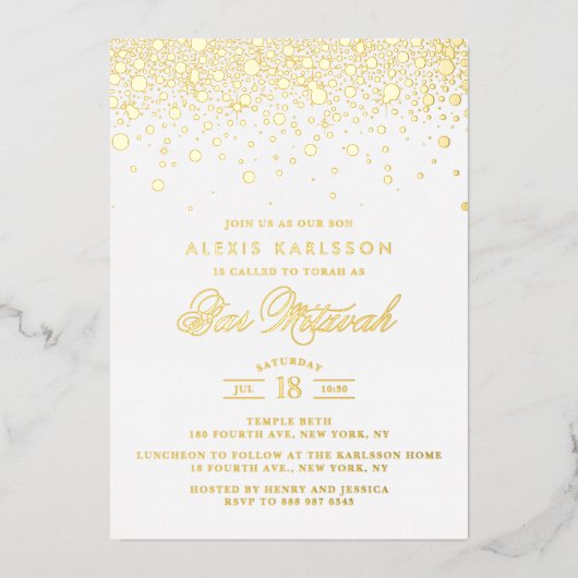 Elegant Gold Foil Confetti Stippen Bar Mitzvah Folie Uitnodiging (Voorkant)