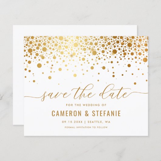 Elegant Gold Foil Confetti White Save the Date (Voorkant / Achterkant)