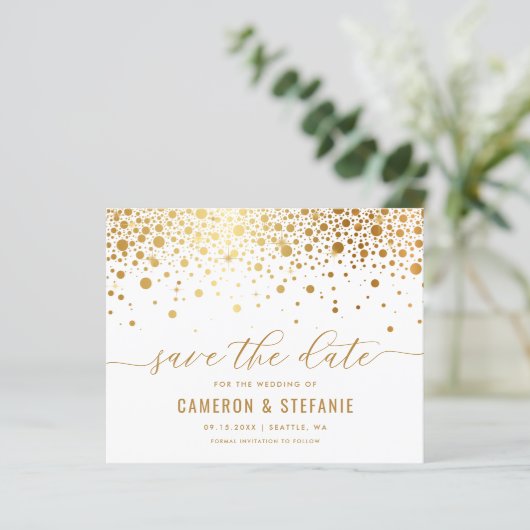 Elegant Gold Foil Confetti White Save the Date (Staand voorkant)