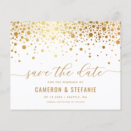 Elegant Gold Foil Confetti White Save the Date (Voorkant)